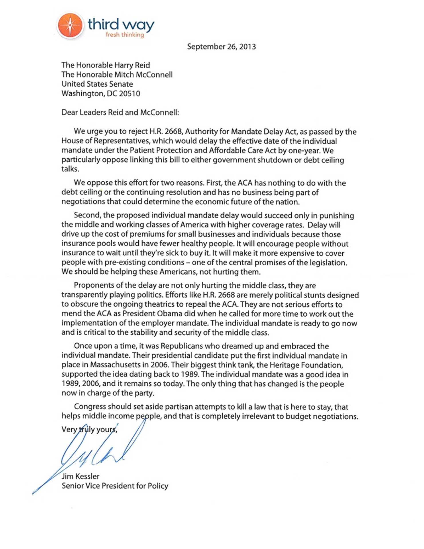 Letter to Senate Leadership Regarding the ACA’s Individual Mandate ...