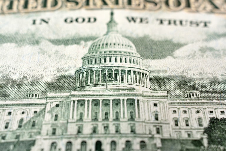 United States fifty-dollar bill with the United States Capitol building, close up
