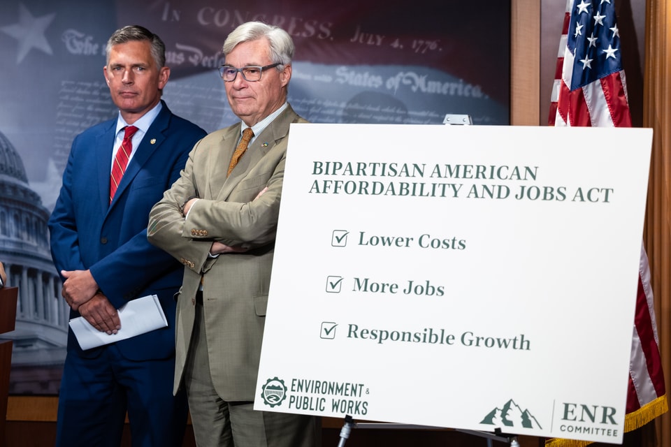 Senate Energy and Natural Resources Committee Ranking Member Martin Heinrich (D-N.M.) and Senate Environment and Public Works Committee Ranking Member Sheldon Whitehouse (D-R.I.) take part in a press conference to announce a deal on permitting reform at the U.S. Capitol on Sept. 30, 2026. (Francis Chung/POLITICO via AP Images)